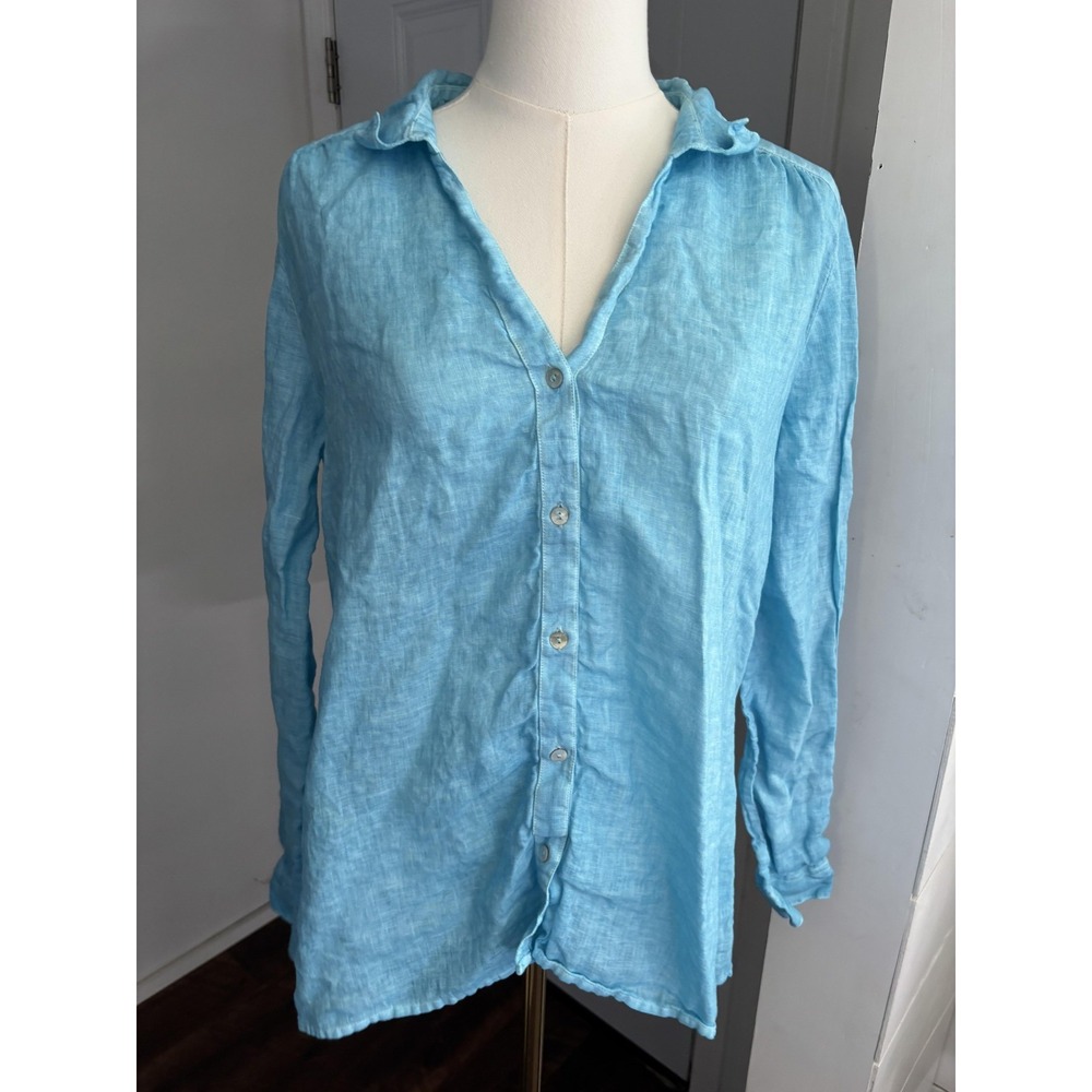 120% Lino Shirt Womens 42 XL‎ Blue Linen Button Front Long Sleeve Tunic Top